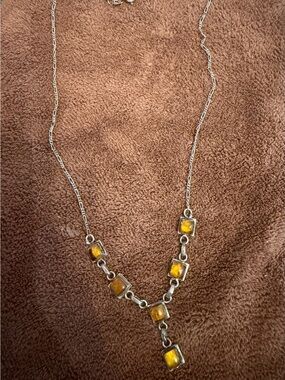 Yellow Amber Silver Drop Necklace
